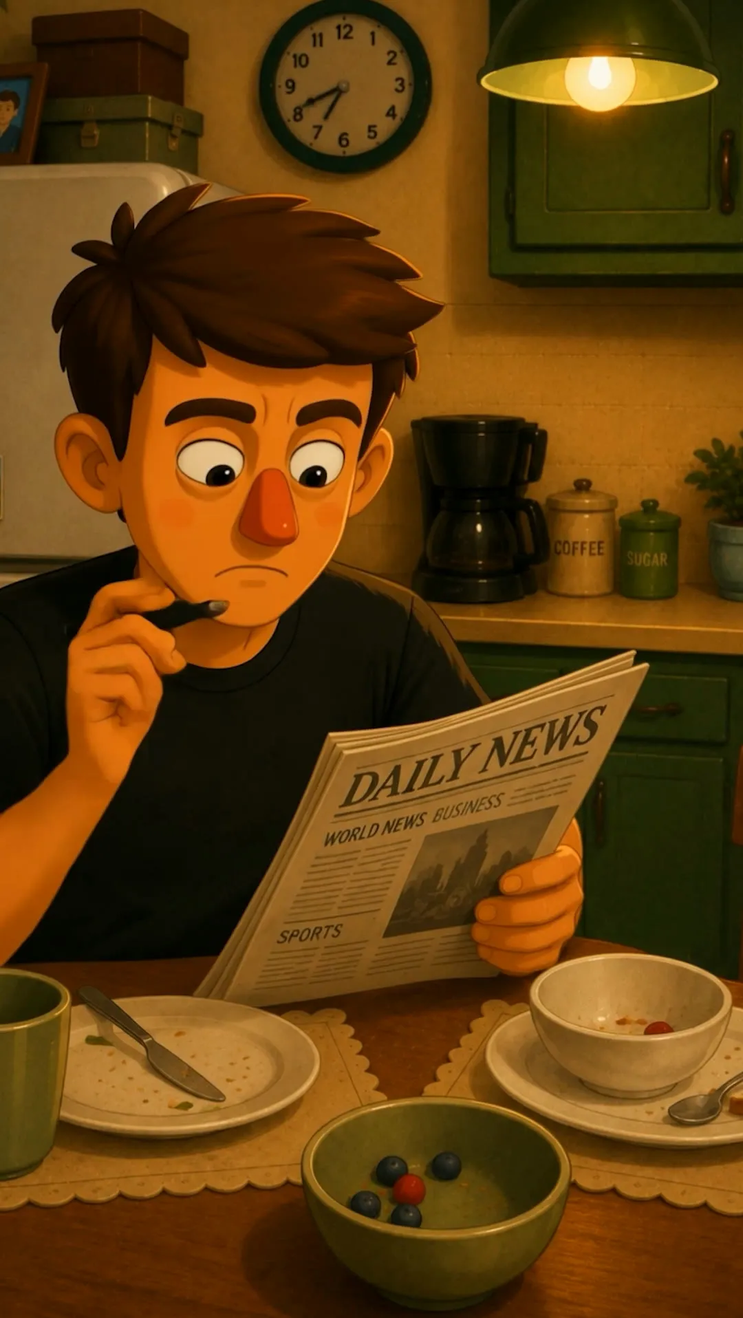 Gary, alone at the table, follows a job listing with his finger and looks worried
