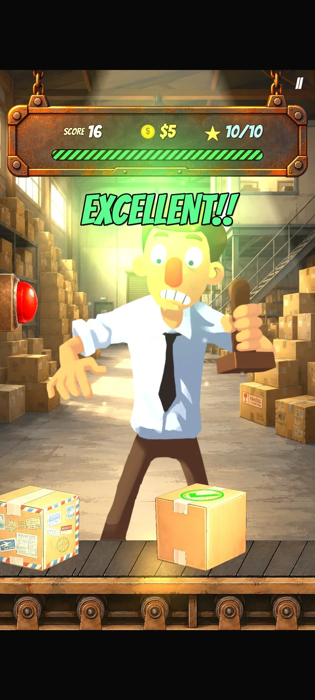 Gameplay screenshot: Gary stamps a box and the game shouts EXCELLENT with a full green performance bar