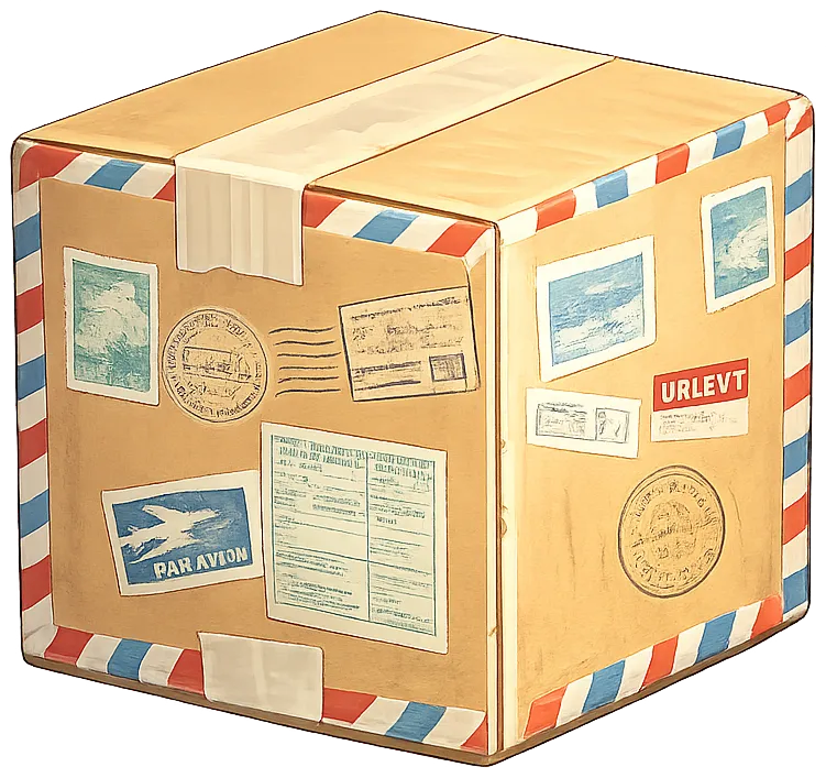The International package, covered in postage stamps