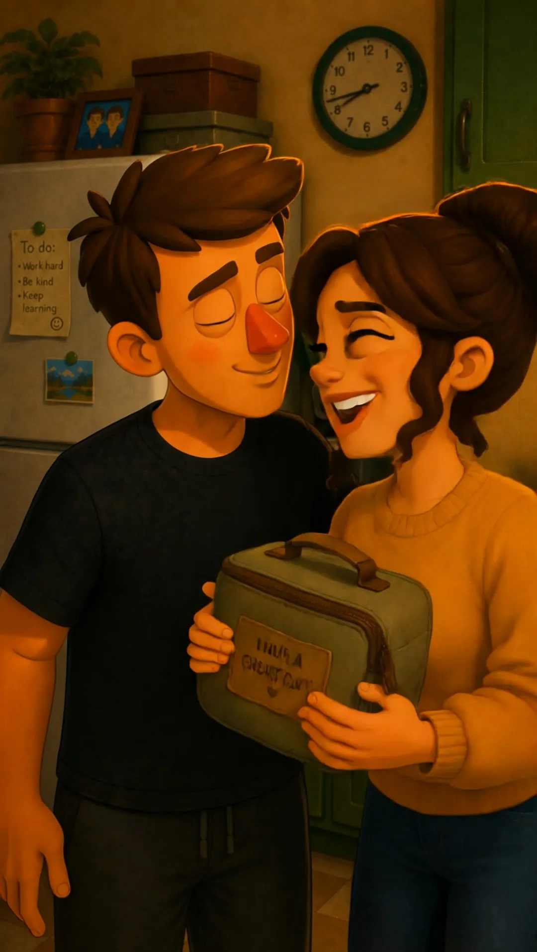 Gary and Lisa hug in the kitchen with the lunchbox between them