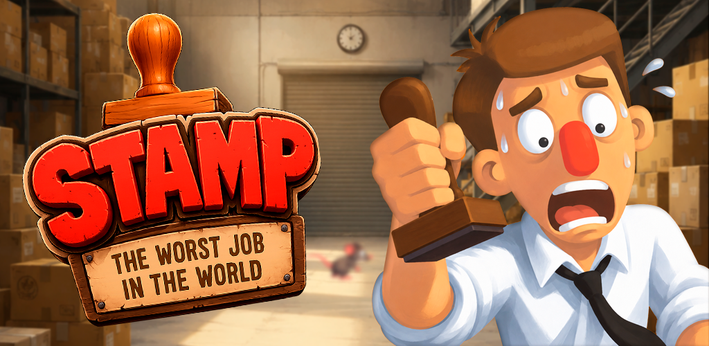 STAMP key art: Gary panicking with a rubber stamp in a warehouse